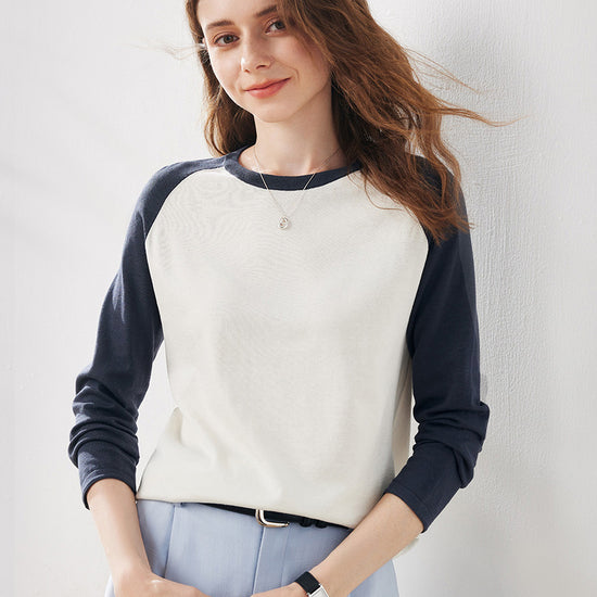 COMOBOCA Navy Blue Women's Colorblock Raglan Round Neck Sweater