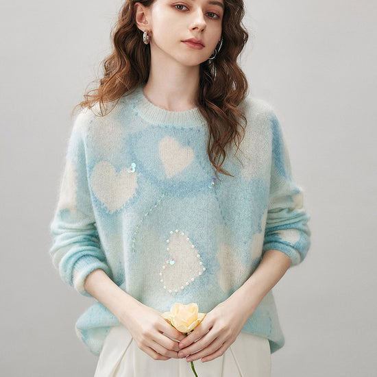 COMOBOCA Light Blue Women's Heart Printed Round Neck Sweater