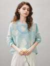 COMOBOCA Light Blue Women's Heart Printed Round Neck Sweater