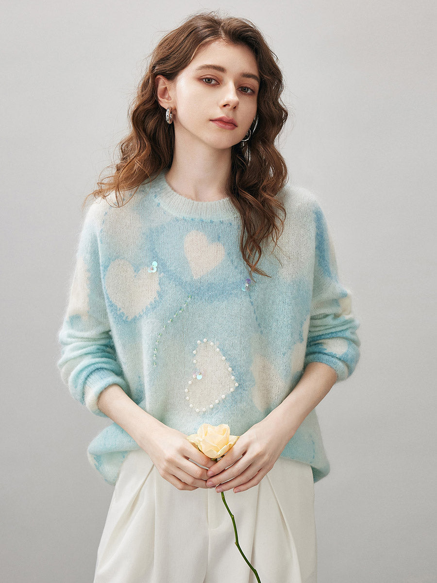 COMOBOCA Light Blue Women's Heart Printed Round Neck Sweater