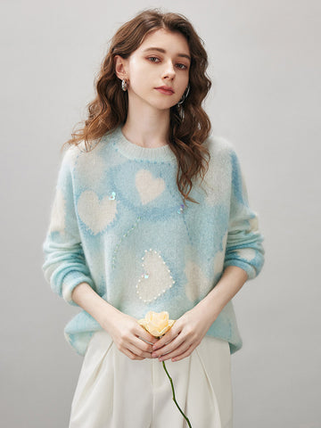 COMOBOCA Light Blue Women's Heart Printed Round Neck Sweater