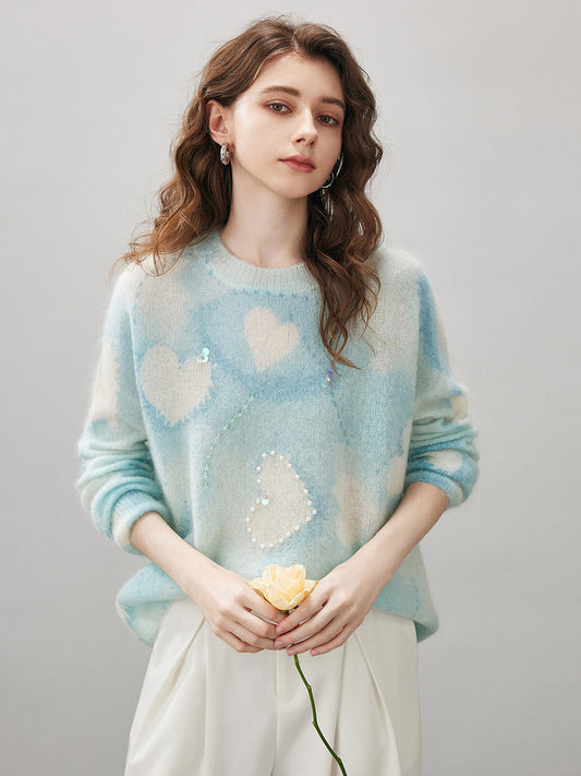 COMOBOCA Light Blue Women's Heart Printed Round Neck Sweater