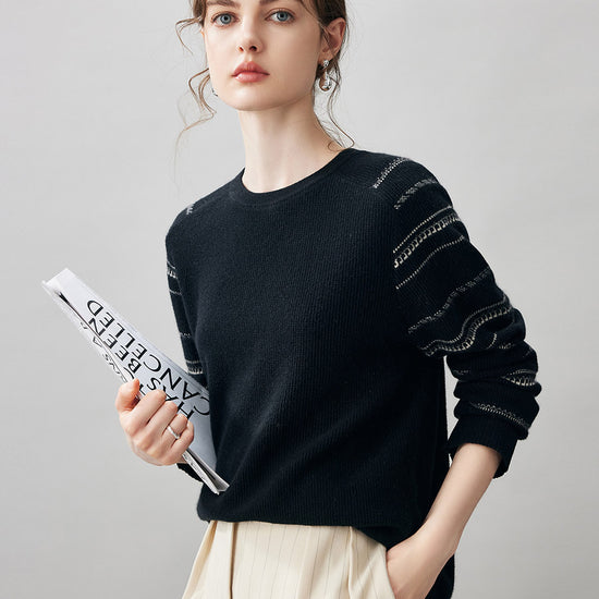 COMOBOCA 100% Cashmere Women's Striped Sleeve Round Neck Sweater