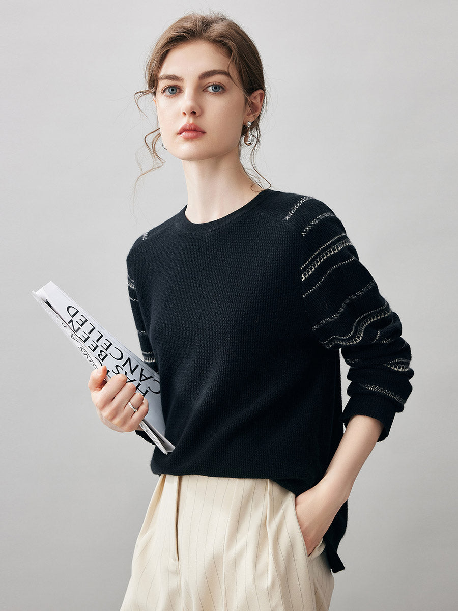 COMOBOCA 100% Cashmere Women's Striped Sleeve Round Neck Sweater