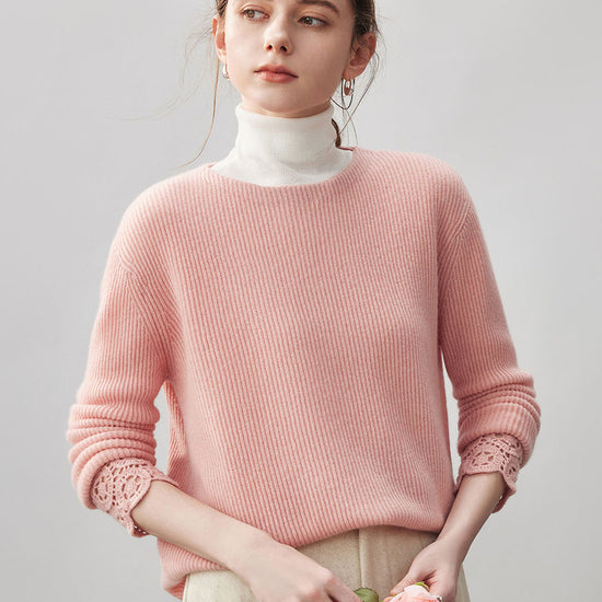 COMOBOCA Pink 100% Cashmere Women's Ribbed Crochet Lace Cuffs Sweater