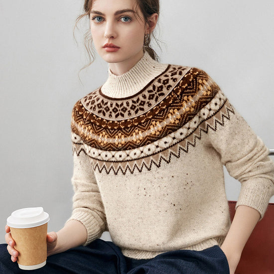 COMOBOCA 100% Cashmere Women's Fair Isle Mock Neck Sweater