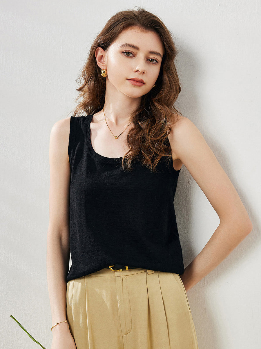 COMOBOCA Black Women's Linen Versatile Basic Tank Top