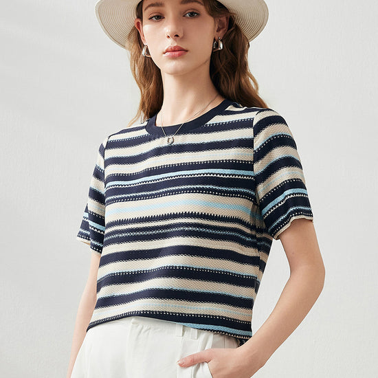 COMOBOCA Women's Striped Woven Ribbed T-Shirt