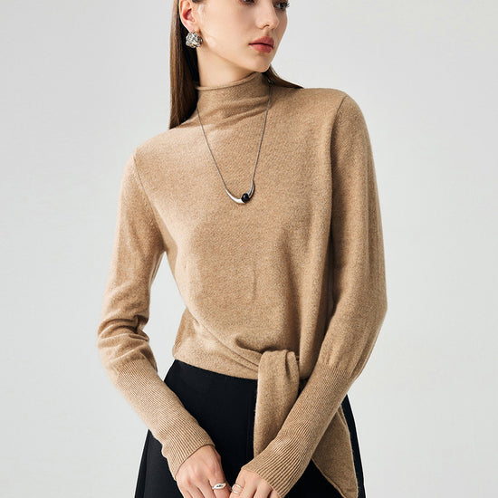 COMOBOCA 100% Cashmere Women's Mock Neck Tie-Waist Sweater
