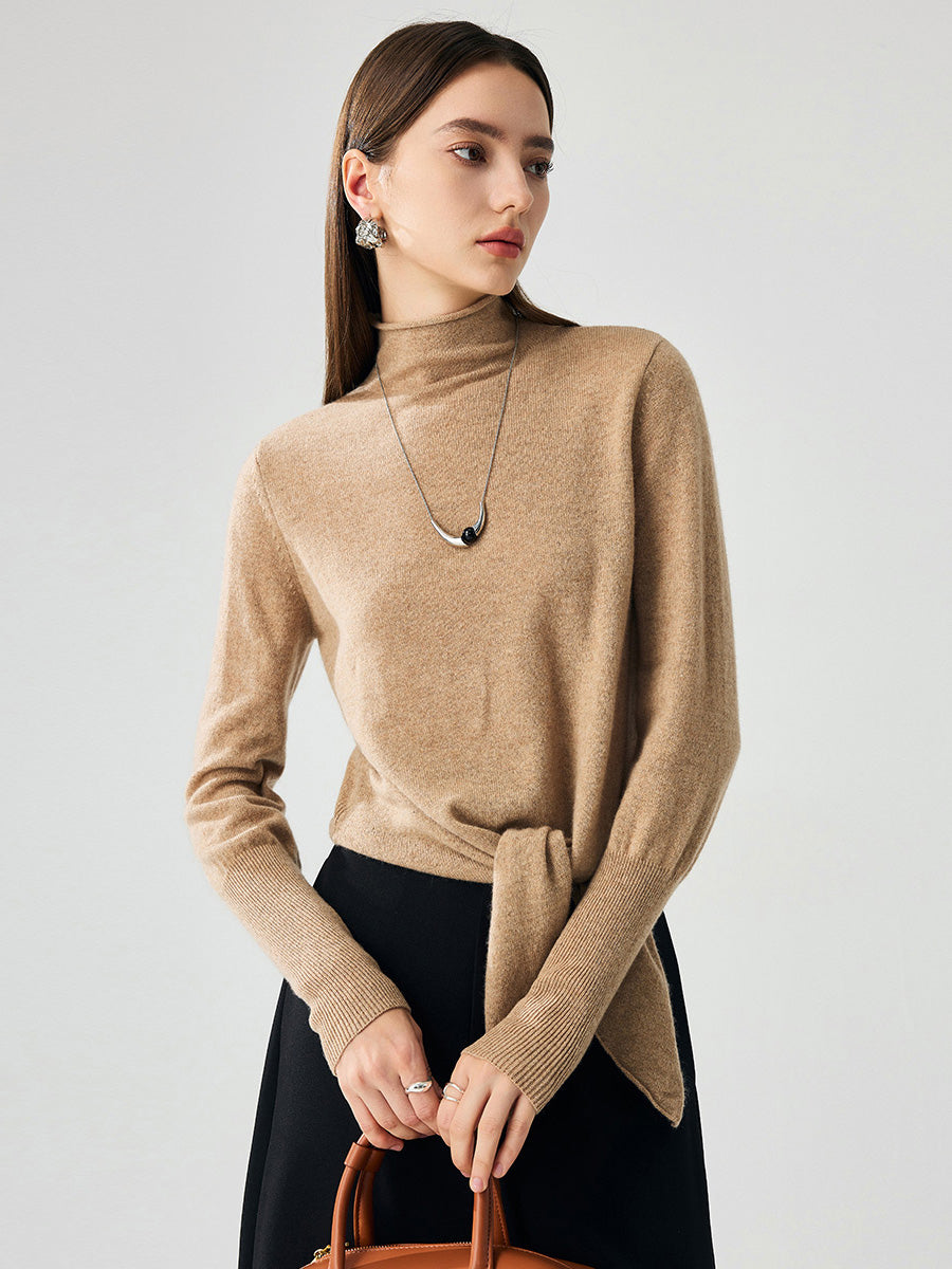 COMOBOCA 100% Cashmere Women's Mock Neck Tie-Waist Sweater