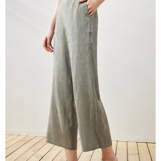COMOBOCA Light Green Women's Elastic Waistband Crinkled Wide Leg Pants