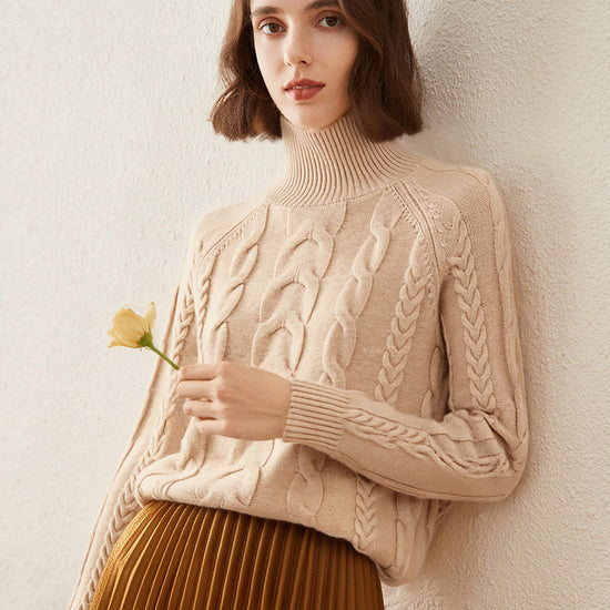 COMOBOCA 100% Cashmere Women's Turtleneck Cable Knit Sweater