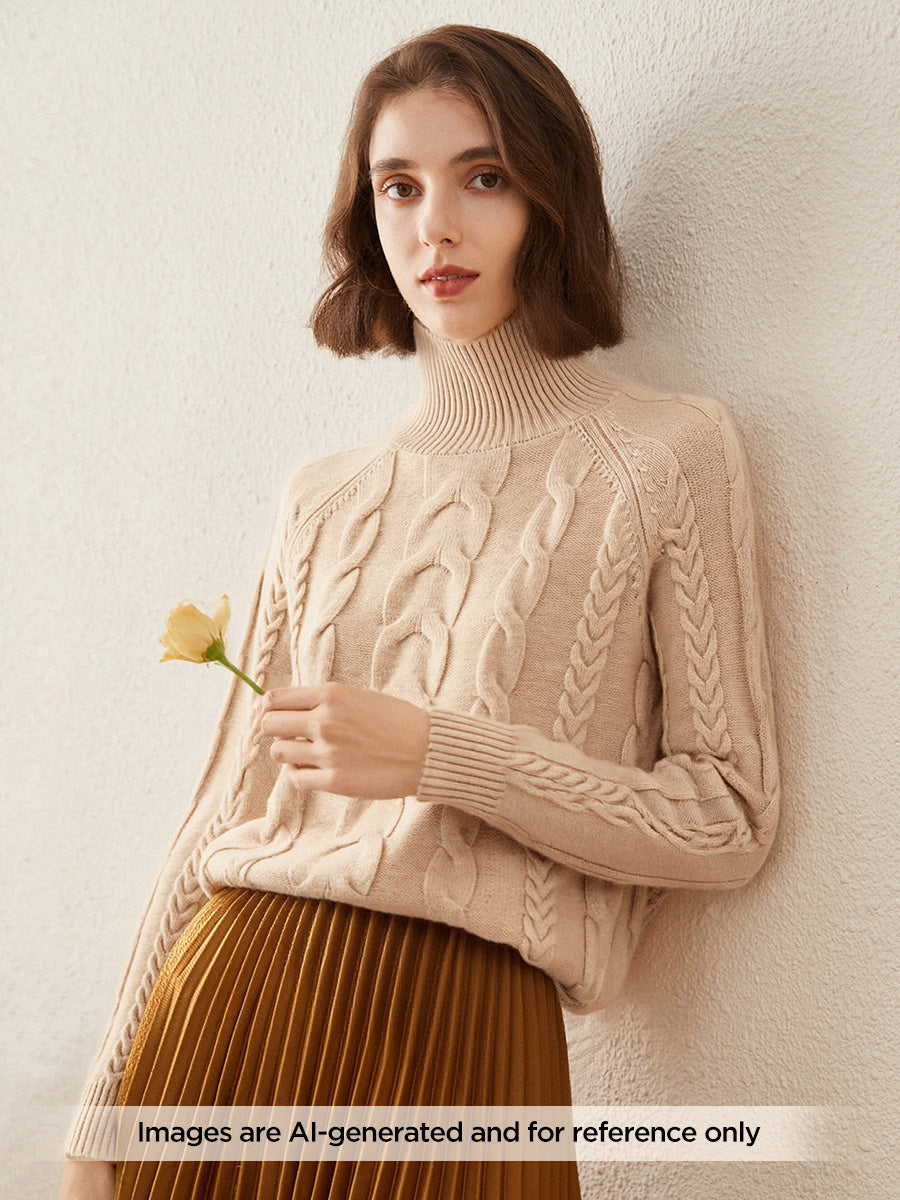 COMOBOCA 100% Cashmere Women's Turtleneck Cable Knit Sweater