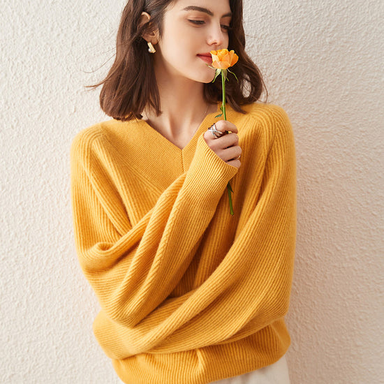COMOBOCA YELLOW 100% Cashmere Women's Lantern Sleeve V-Neck Knit Sweater
