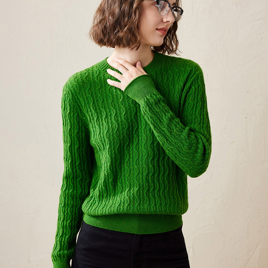 COMOBOCA Green 100% Cashmere Women's Classic Cable Knit Sweater