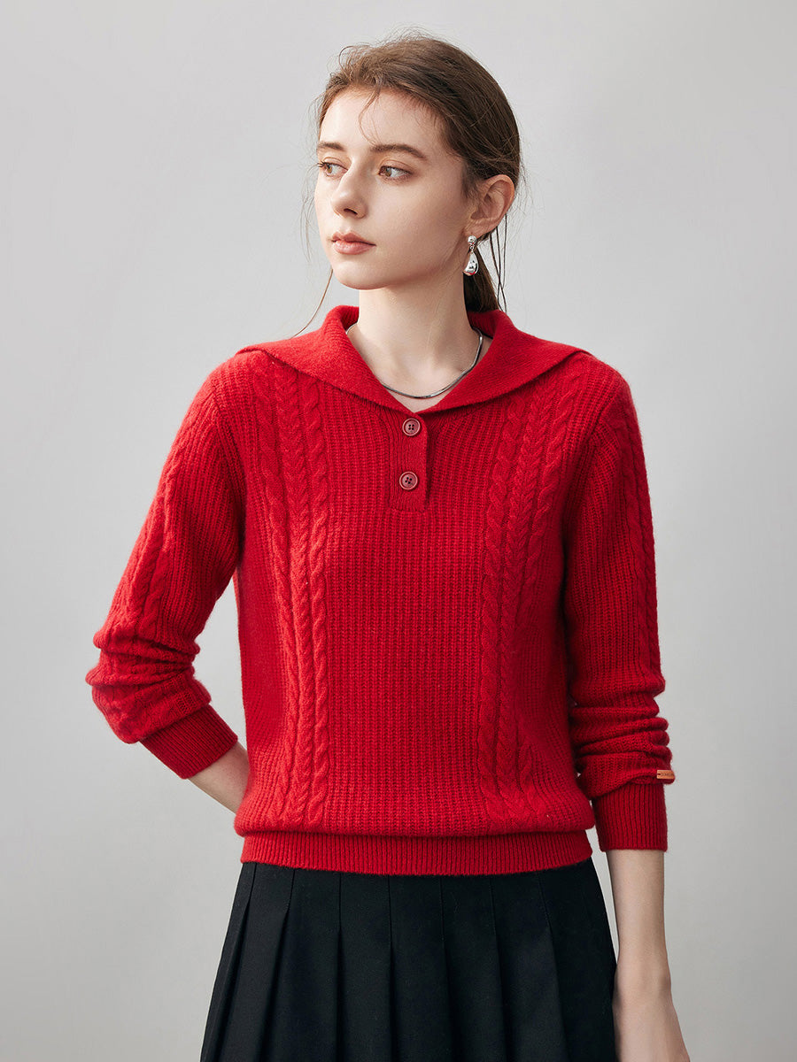 COMOBOCA M Red 100% Cashmere Women's Cable Sailor Collar Sweater