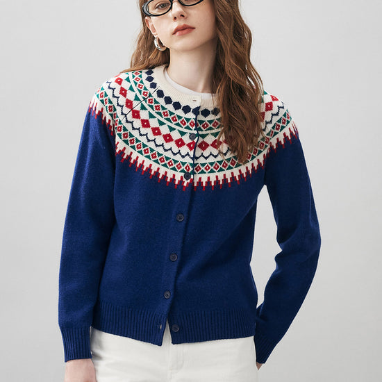 COMOBOCA Blue 100% Wool Women's Fair Isle Inspired Button Down Cardigan