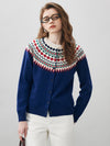 COMOBOCA Blue 100% Wool Women's Fair Isle Inspired Button Down Cardigan