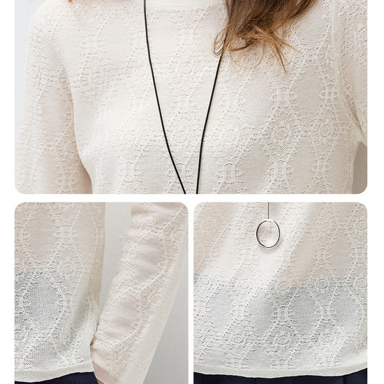 COMOBOCA Women's Textured Sheer Knit Round Neck Sweater