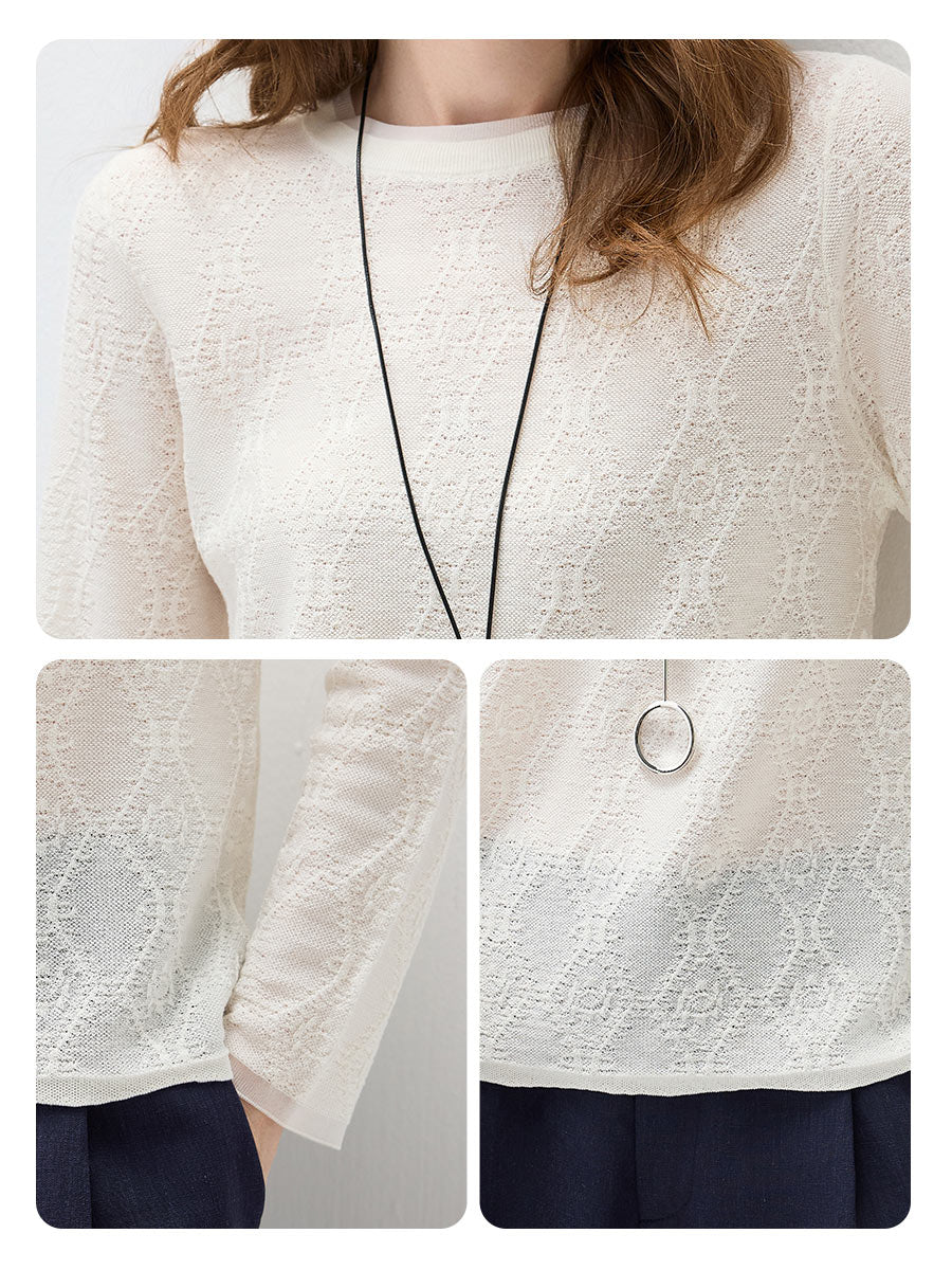 COMOBOCA Women's Textured Sheer Knit Round Neck Sweater