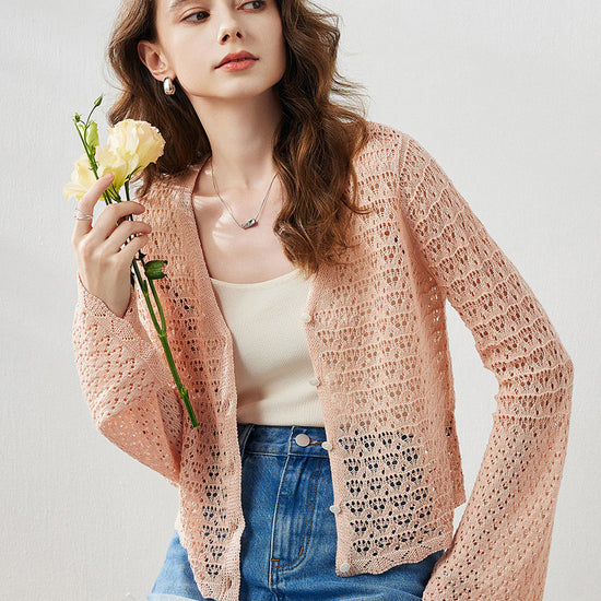 COMOBOCA Women's Bell Sleeve Lace Knit Cardigan