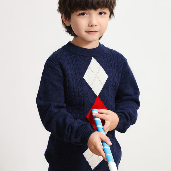 COMOBOCA NAVY BLUE 100% Wool Kids' Round Neck Sweater