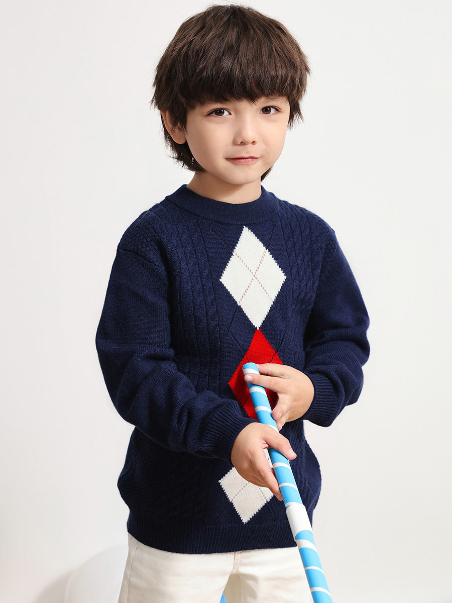 COMOBOCA NAVY BLUE 100% Wool Kids' Round Neck Sweater