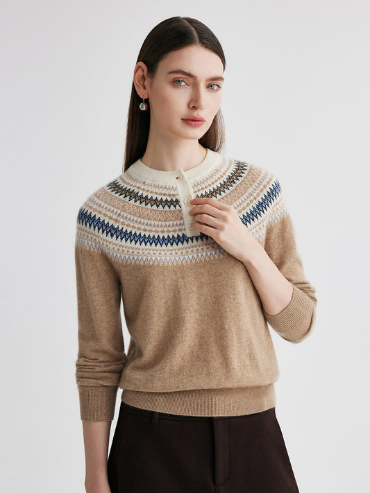 COMOBOCA Camel 100% Cashmere Women's Fair Isle Henley Neck Sweater