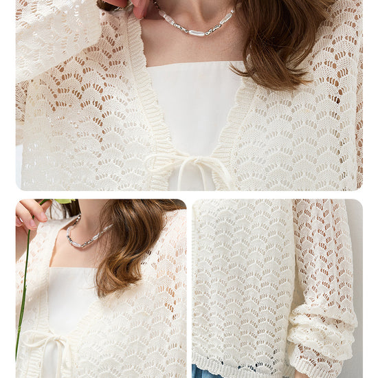 COMOBOCA Women's Linen Lace Knit Tie Front Cardigan