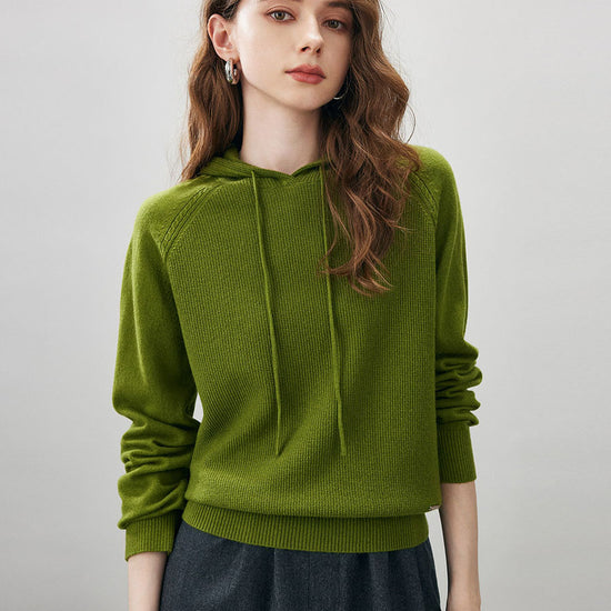 COMOBOCA Green 100% Wool Women's Ribbed Hem Adjustable Hoodie
