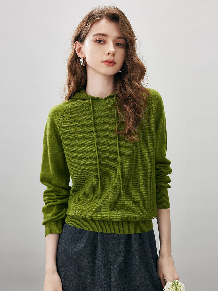 COMOBOCA Green 100% Wool Women's Ribbed Hem Adjustable Hoodie