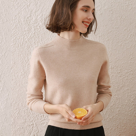 COMOBOCA BROWN 100% Wool Women's All-Match Mock Neck Sweater