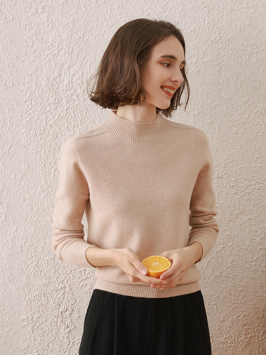 COMOBOCA BROWN 100% Wool Women's All-Match Mock Neck Sweater