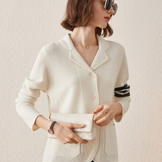 COMOBOCA Beige 100% Cashmere Women's Striped Sleeve Knit Pocket Cardigan