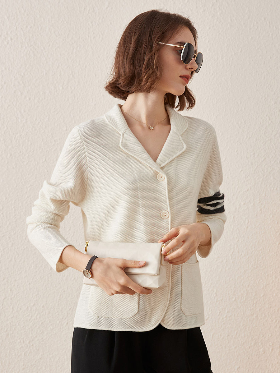 COMOBOCA Beige 100% Cashmere Women's Striped Sleeve Knit Pocket Cardigan