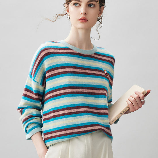 COMOBOCA 100% Cashmere Women's Striped Knit Sweater