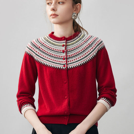 COMOBOCA Red 100% Cashmere Women's Fair Isle Button Front Cardigan