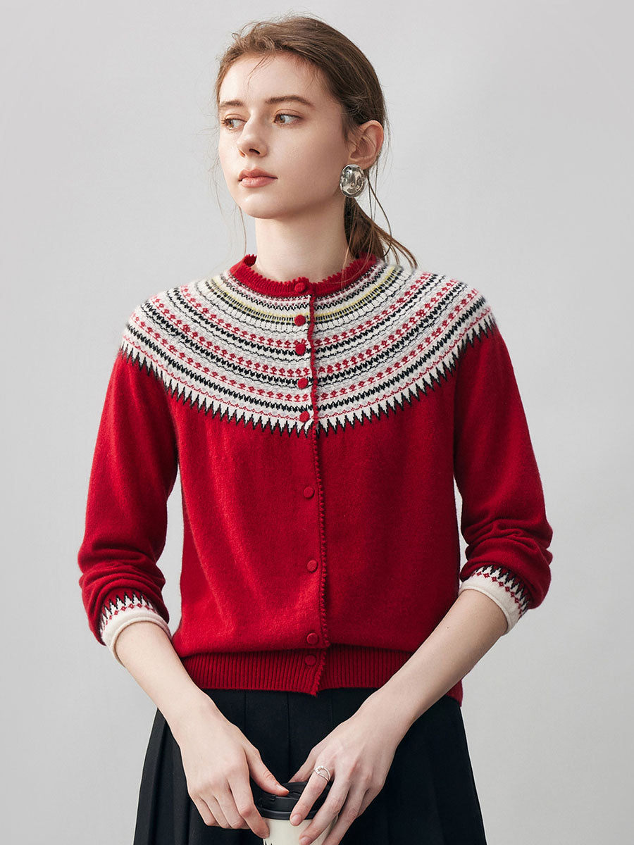 COMOBOCA Red 100% Cashmere Women's Fair Isle Button Front Cardigan