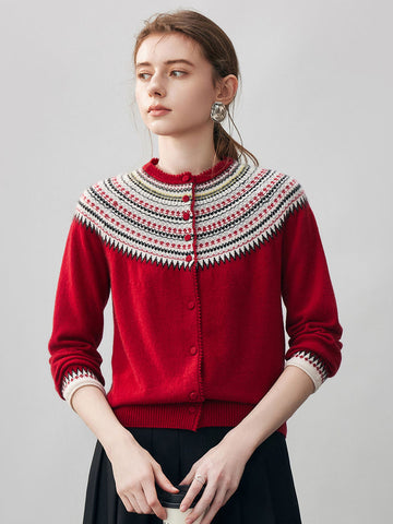 COMOBOCA Red 100% Cashmere Women's Fair Isle Button Front Cardigan
