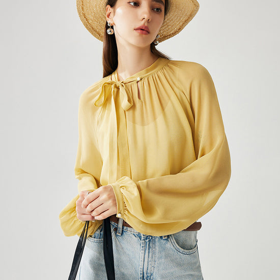 COMOBOCA 100% Mulberry Silk Women's Bow Tie Blouse