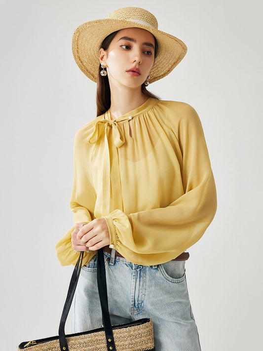 COMOBOCA 100% Mulberry Silk Women's Bow Tie Blouse