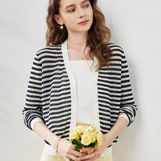 COMOBOCA Women's Striped Ribbed Cardigan