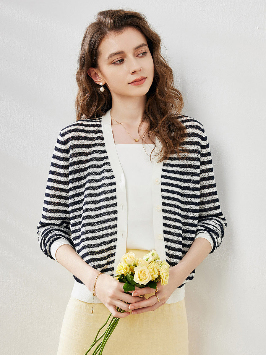 COMOBOCA Women's Striped Ribbed Cardigan