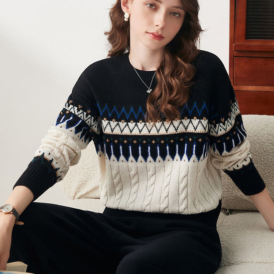 COMOBOCA 100% Wool Women's Nordic Pattern Cable Knit Sweater