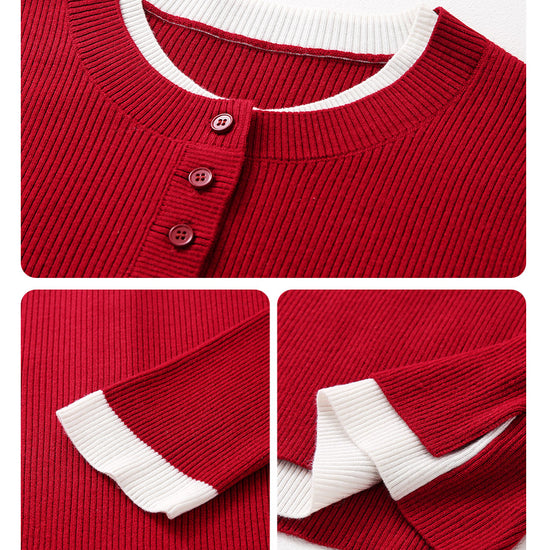 COMOBOCA Women's Ribbed Contrast Trim Henley Knit Sweater