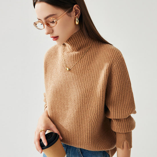 COMOBOCA 100% Cashmere Women's Turtleneck Ribbed Sweater