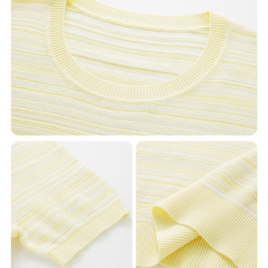 COMOBOCA Women's Ribbed Fine Stripe Knit T-Shirt