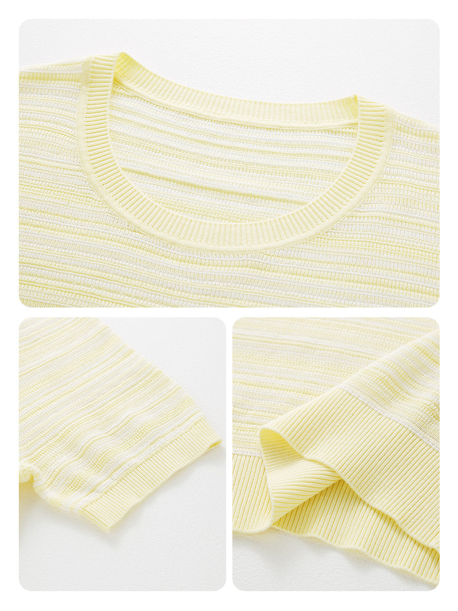 COMOBOCA Women's Ribbed Fine Stripe Knit T-Shirt