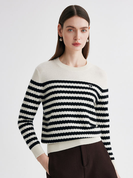 COMOBOCA 100% Cashmere Women's Striped Round Neck Sweater