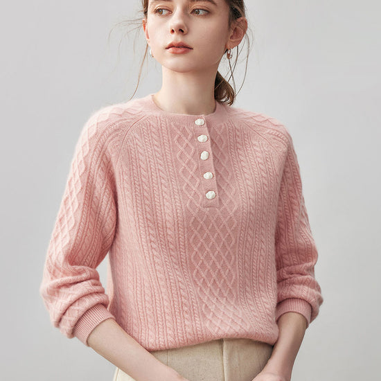 COMOBOCA Pink 100% Cashmere Women's Cable Knit Button Front Sweater